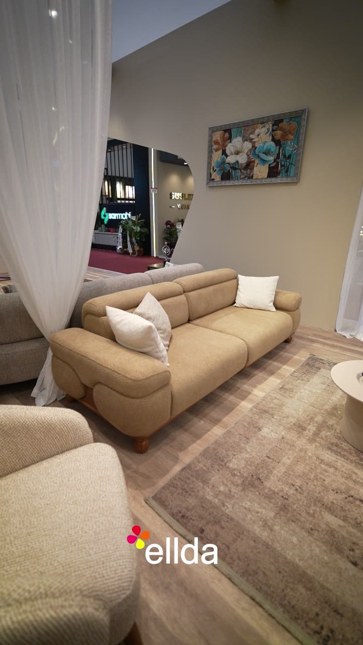 Krem ve camel bukle salon takımı